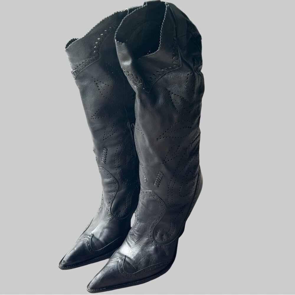 BCBGIRLS Cowgirl Black Soft Leather Laser Cutout Heeled Boots